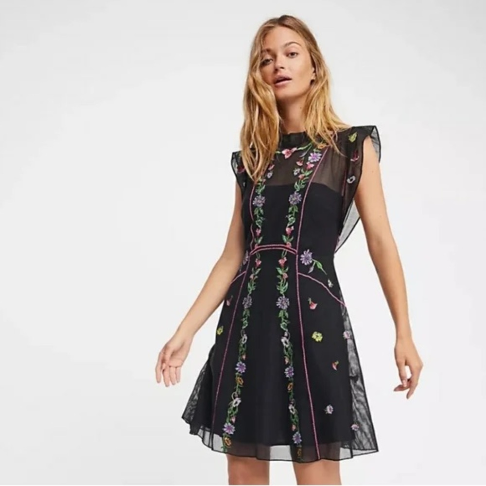 Black Riviera Embroidered Illusion Mini Dress
